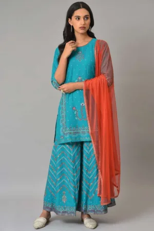 Teal Blue Festive kurta With Sharara And Orange Mesh Dupatta