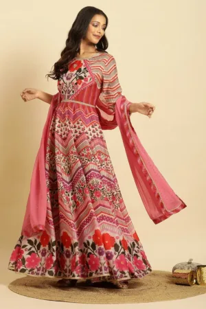 SK's Multi-Coloured Floral Printed Anarkali Dress And Dupatta Set