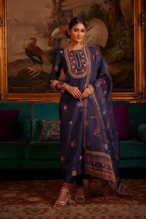 SK's Navy Blue Chanderi Floral Printed Kurta, Pants And Organza Dupatta