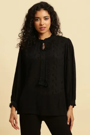 Black Schiffli Western Top With Neck Tie Up
