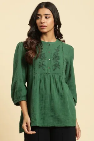 Dark Green Embroidered Western Top