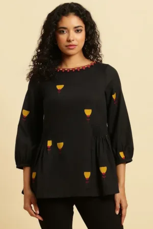 Black Yarn Dyed Embroidered Top With Smocking