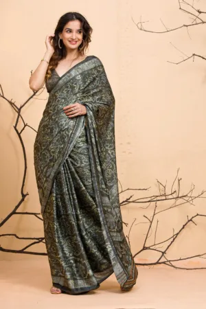 Mehendi Floral Printed Semi Crepe Designer Saree