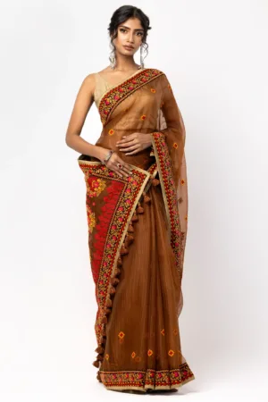 Brown Appliqued and Embroidered Muslin Saree