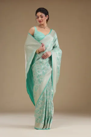 Turquoise Blue Zariwork Satin Saree