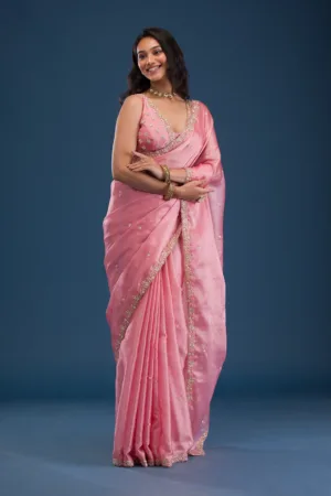 Baby Pink Pearlwork Tissue Saree