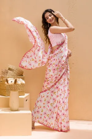 Baby Pink Floral Printed Crepe Designer Saree