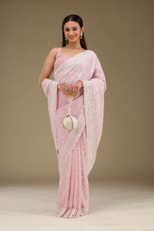 Baby Pink Sequins Georgette Saree