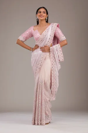 Baby Pink Sequins Semi Crepe Saree