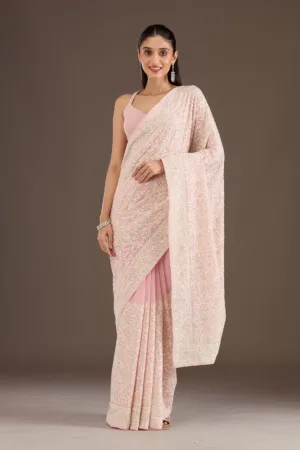 Baby Pink Threadwork Georgette Saree