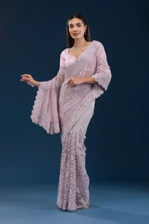 Baby Pink Threadwork Net Saree