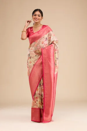 Beige Printed Soft Silk Saree