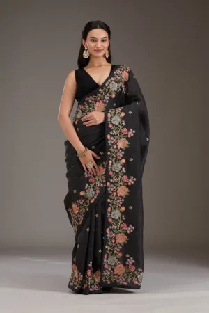 Black Threadwork Tissue Saree