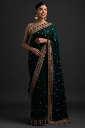 Bottle Green Stone Work Raw Silk Saree