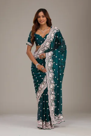 Bottle Green Sequins Semi Crepe Saree
