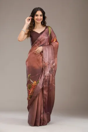 Brown Printed Tissue Saree