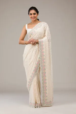 Cream Threadwork Georgette Saree