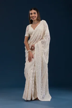 Cream Threadwork Georgette Saree