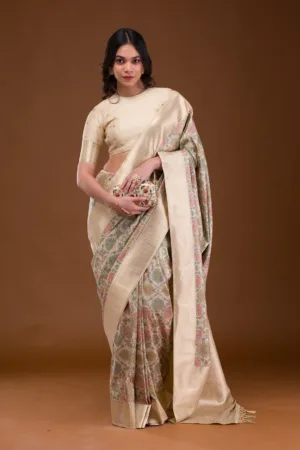 Cream Zariwork Banarasi Silk Saree