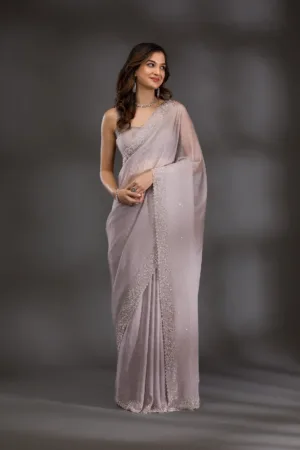 Grey Silver Stonework Tissue Saree