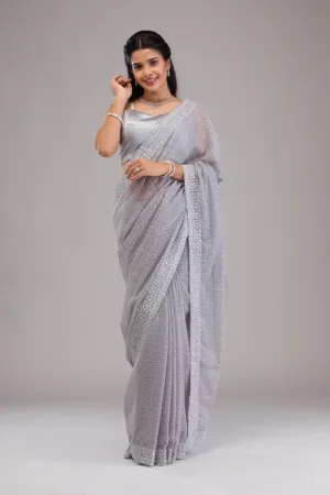 Grey Stonework Georgette Saree