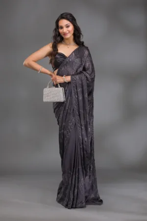 Grey Swarovski Satin Saree