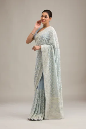 Grey Threadwork Georgette Saree