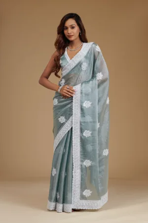 Grey Threadwork Satin Saree
