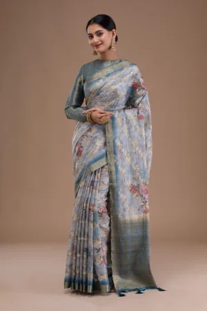 Light Grey Printed Tissue Saree