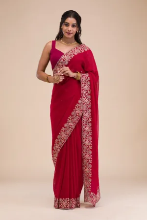 Maroon Threadwork Georgette Saree