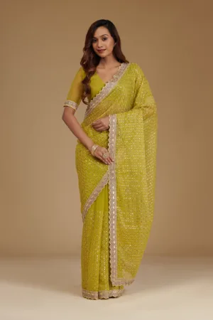 Mehendi Cutdana Chiffon Saree