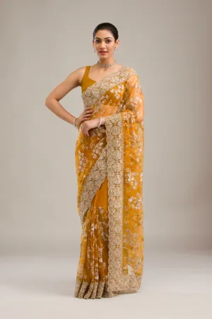 Mustard Zariwork Net Saree