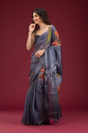 Navy Blue Printed Tissue Saree