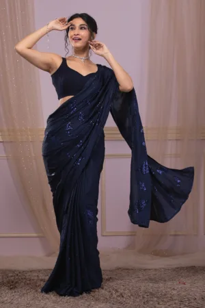 Navy Blue Sequins Semi Crepe Designer Saree