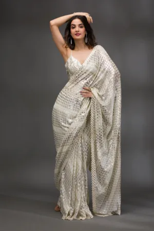 Off White Sequins Georgette Saree