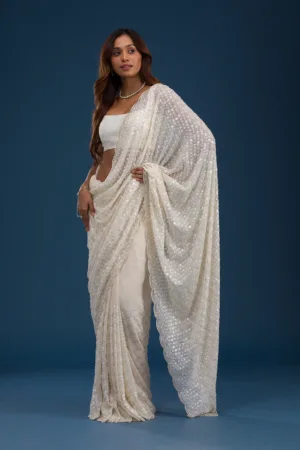 Off White Sequins Georgette Saree