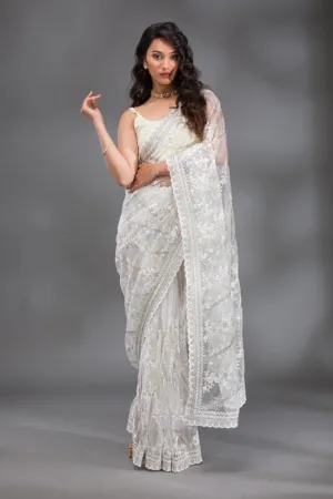 Off White Sequins Net Saree