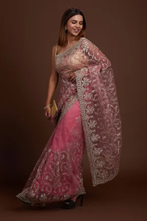 Onion Pink Zariwork Net Designer Saree