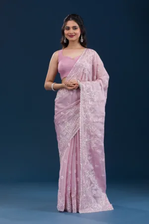 Onion Pink Sequins Tissue Saree