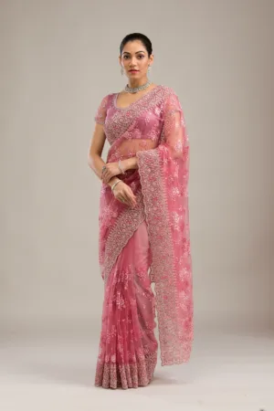 Onion Pink Silver Stonework Net Saree