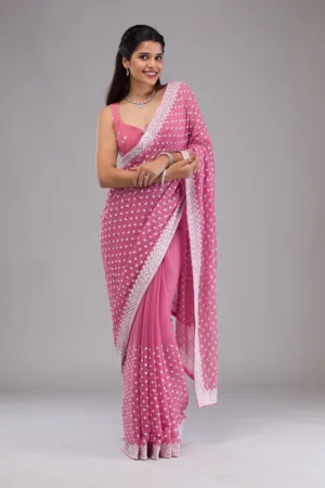 Onion Pink Threadwork Georgette Saree