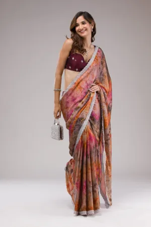 Orange Printed Semi Crepe Saree