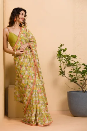 Parrot Green Floral Printed Organza Designer Saree