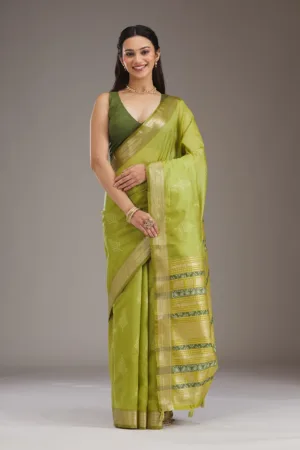 Parrot Green Zariwork Tissue Saree