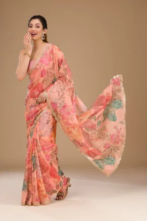 Peach Printed Tissue Saree
