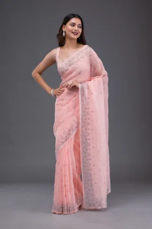 Peach Swarovski Satin Saree