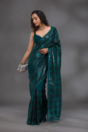 Peacock Blue Sequins Georgette Saree