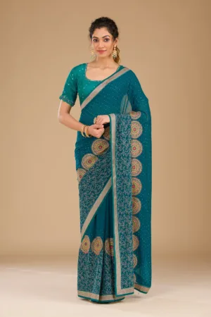 Peacock Blue Threadwork Georgette Saree