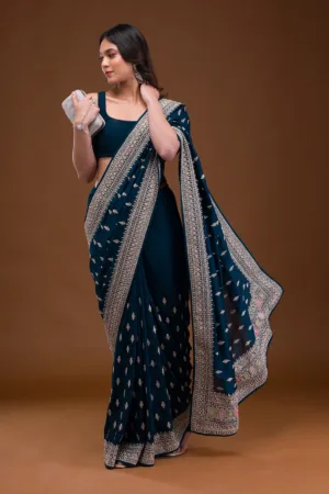 Peacock Blue Zariwork Raw Silk Saree