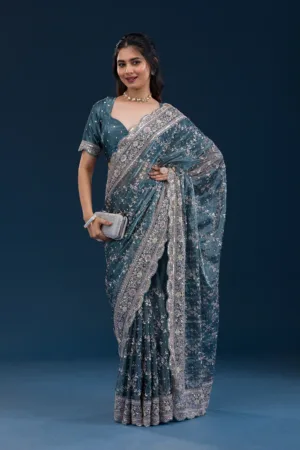 Peacock Blue Zariwork Tissue Saree